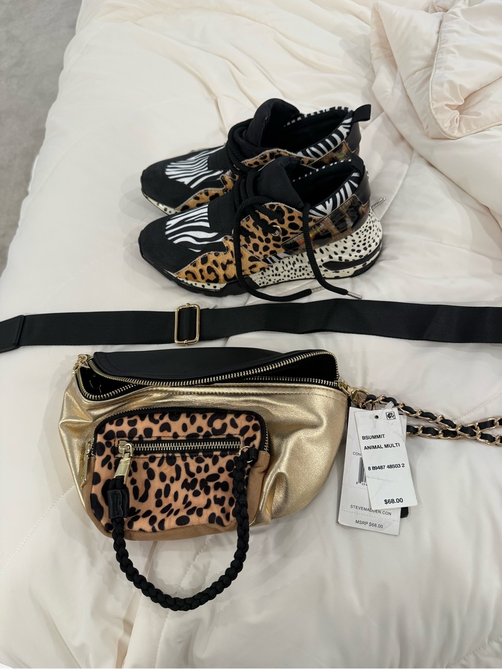 Steve Madden Gold Metallic Crossbody Belt Bag with Leopard Pocket. NWT